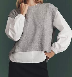 Anthropologie Maeve Twofer Sweater Vest Top Layered Gray White Long Sleeve XL